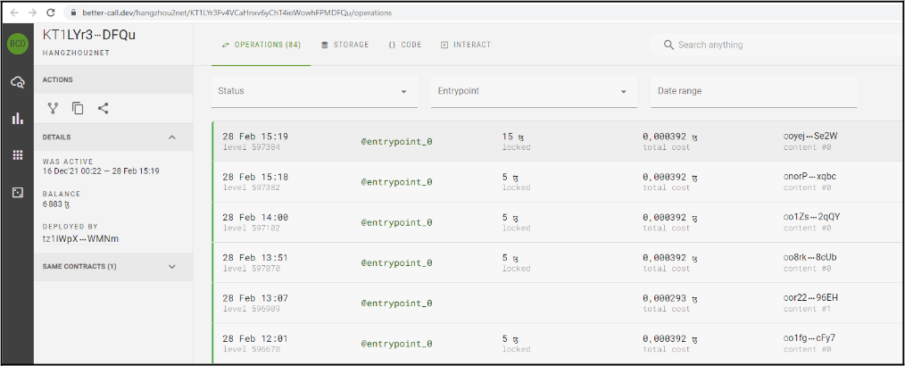 Better Call Dev, webpage of a smart contract with a list of operations performed by the smart contract