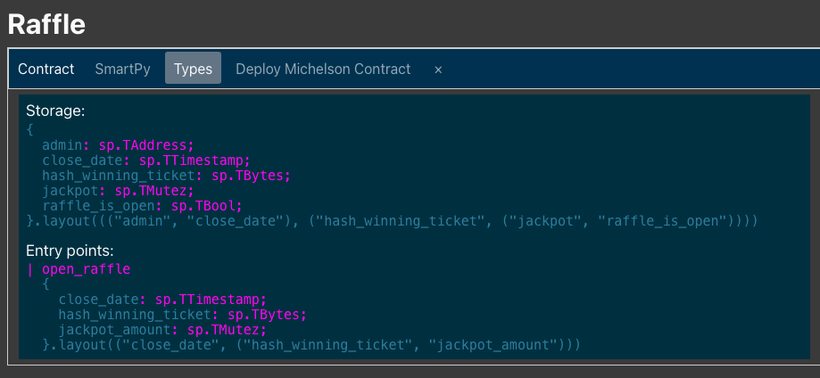 SmartPy online IDE, types of a contract tab