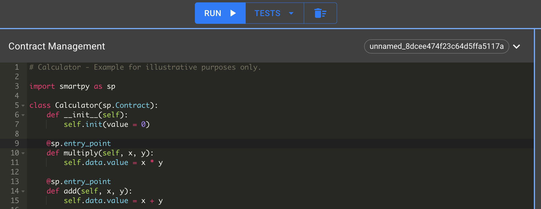 SmartPy online IDE, left part: write SmartPy code