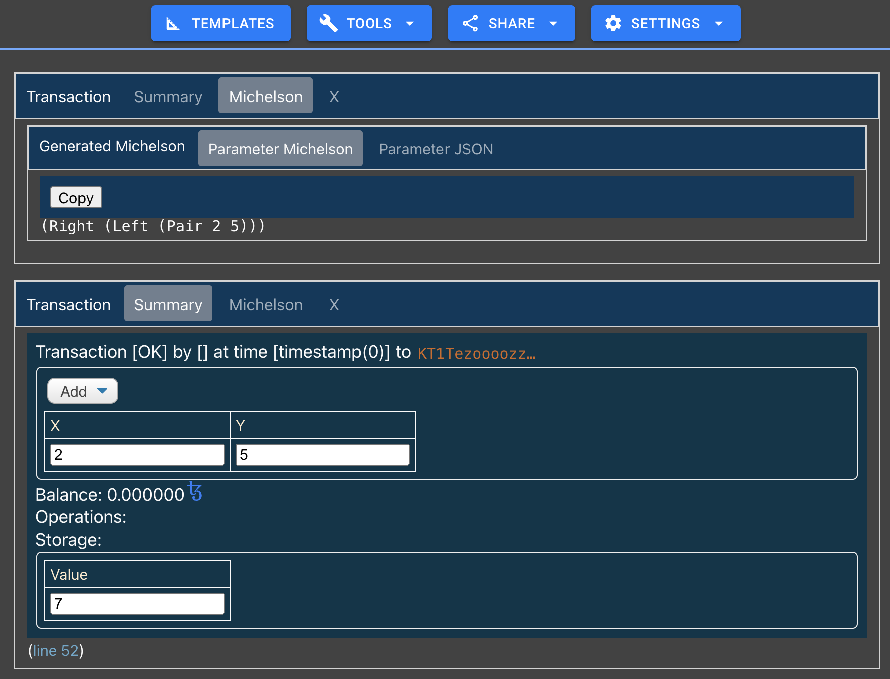 SmartPy online IDE, right part: launch the tests, deploy the contract