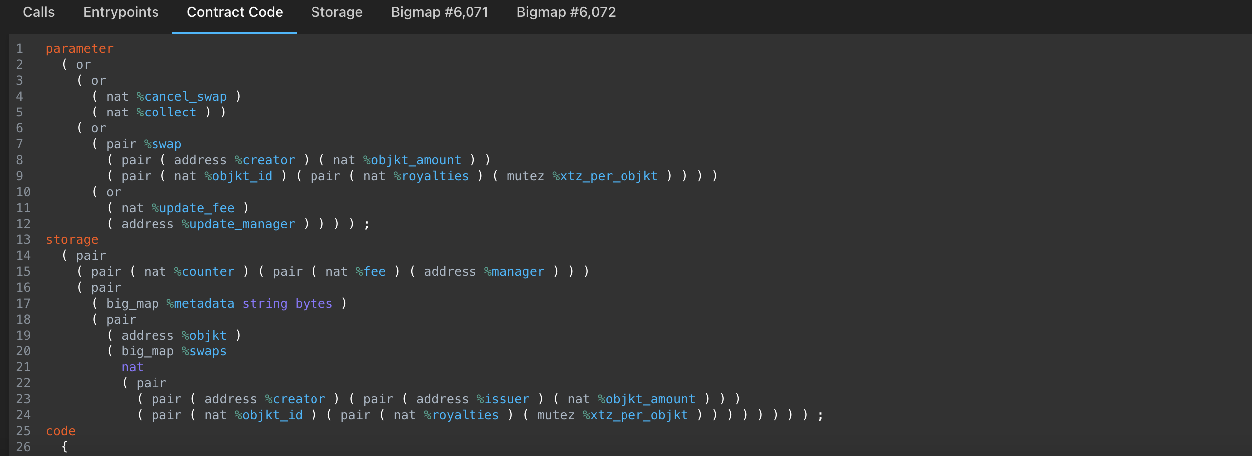 TzStats webpage of the Michelson code of a smart contract