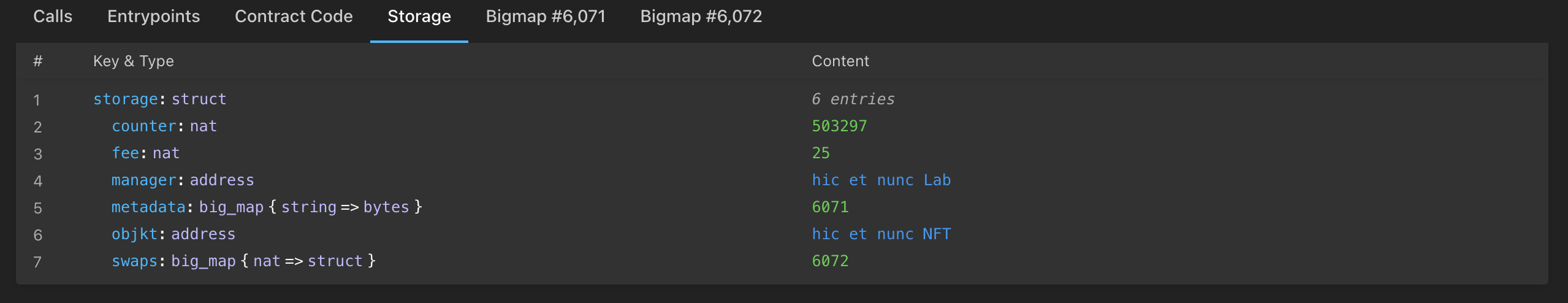 TzStats webpage of the storage of a smart contract