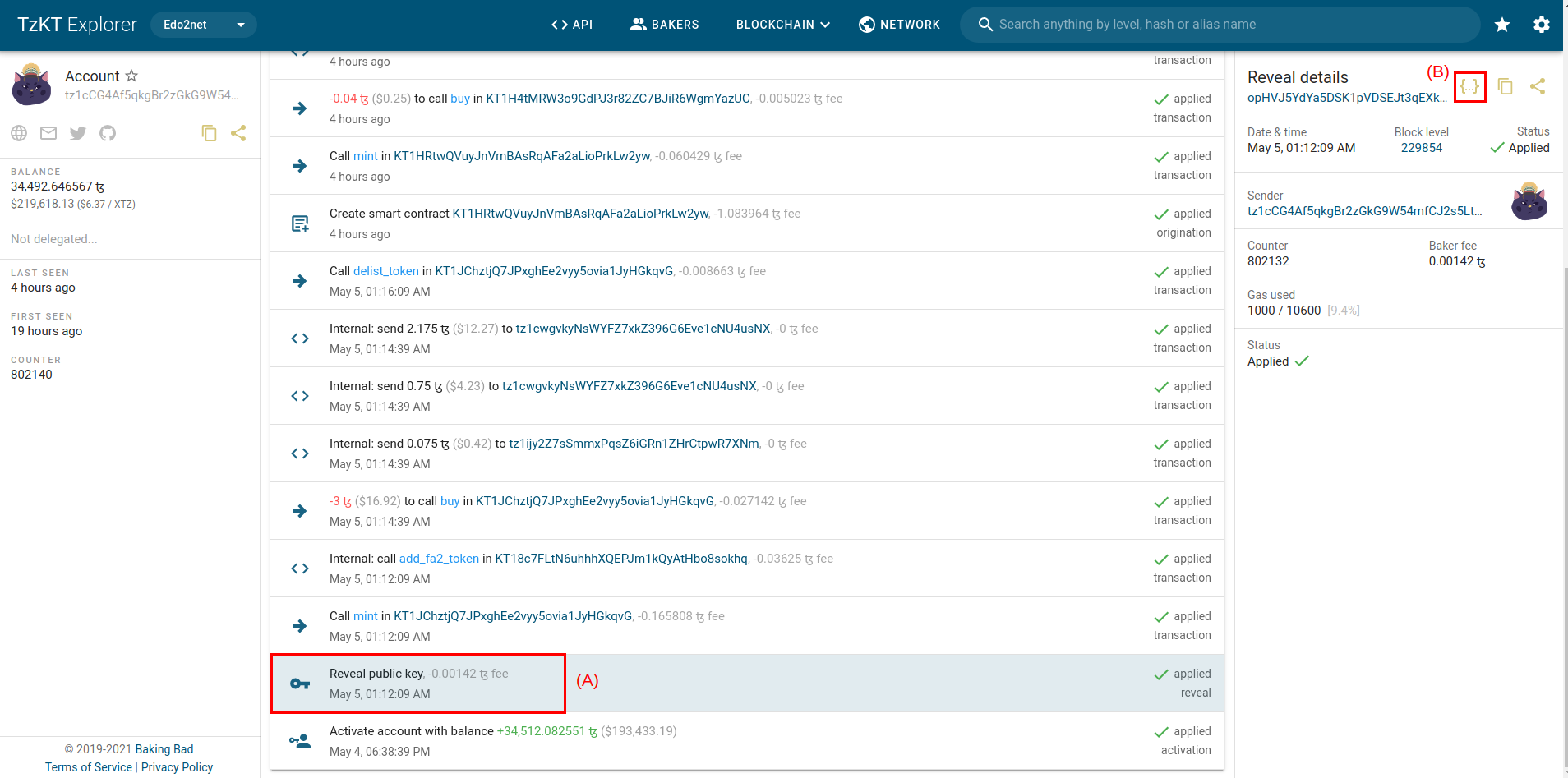 TzKt, view page of a tz account, the reveal operation is highlighted