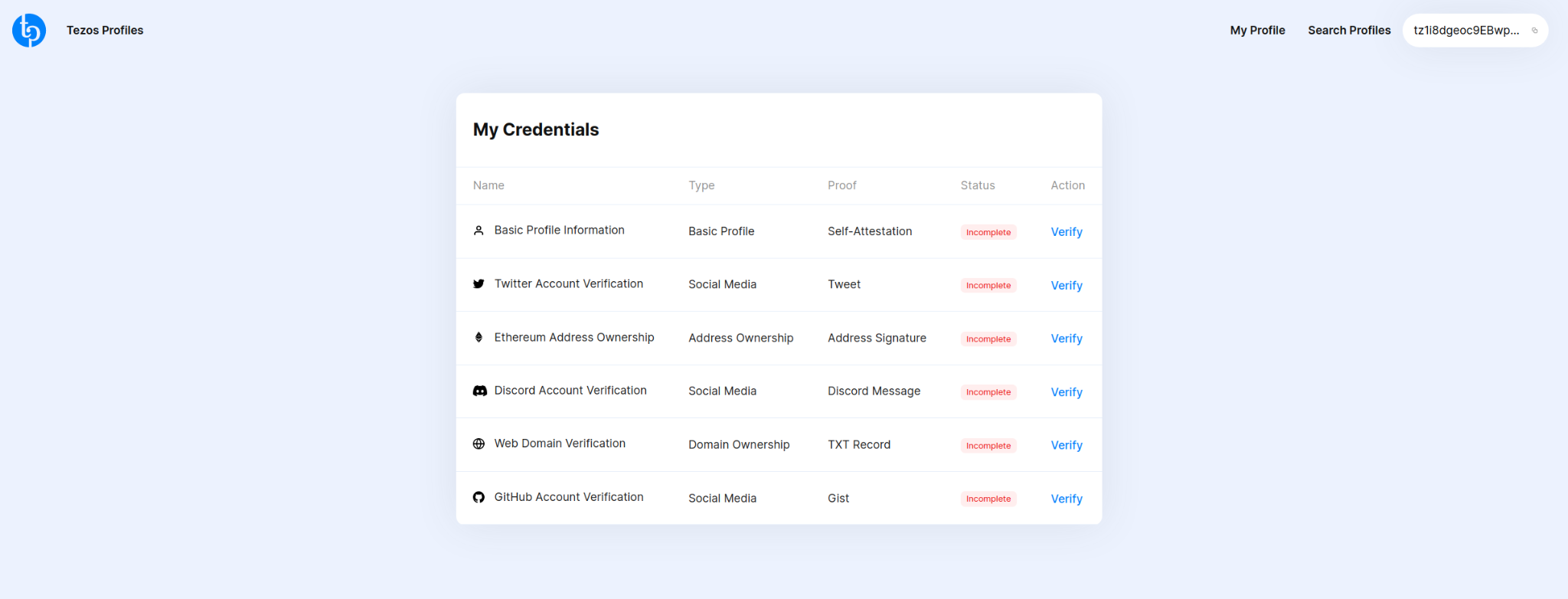 Tezos Profiles credentials page