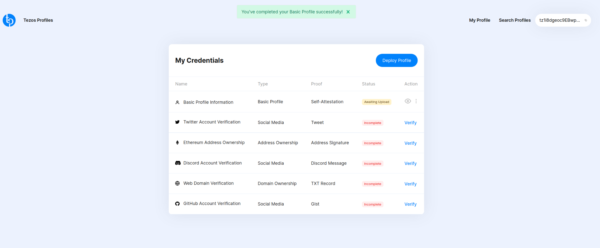 Tezos Profiles, profile is completed