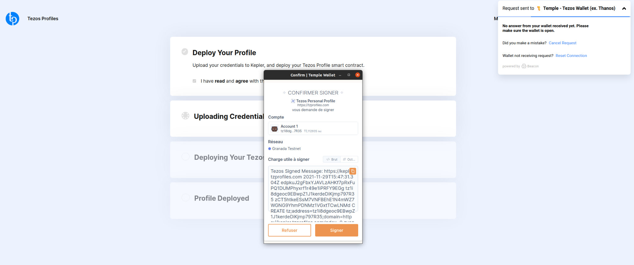 Tezos Profiles, sign with Temple wallet