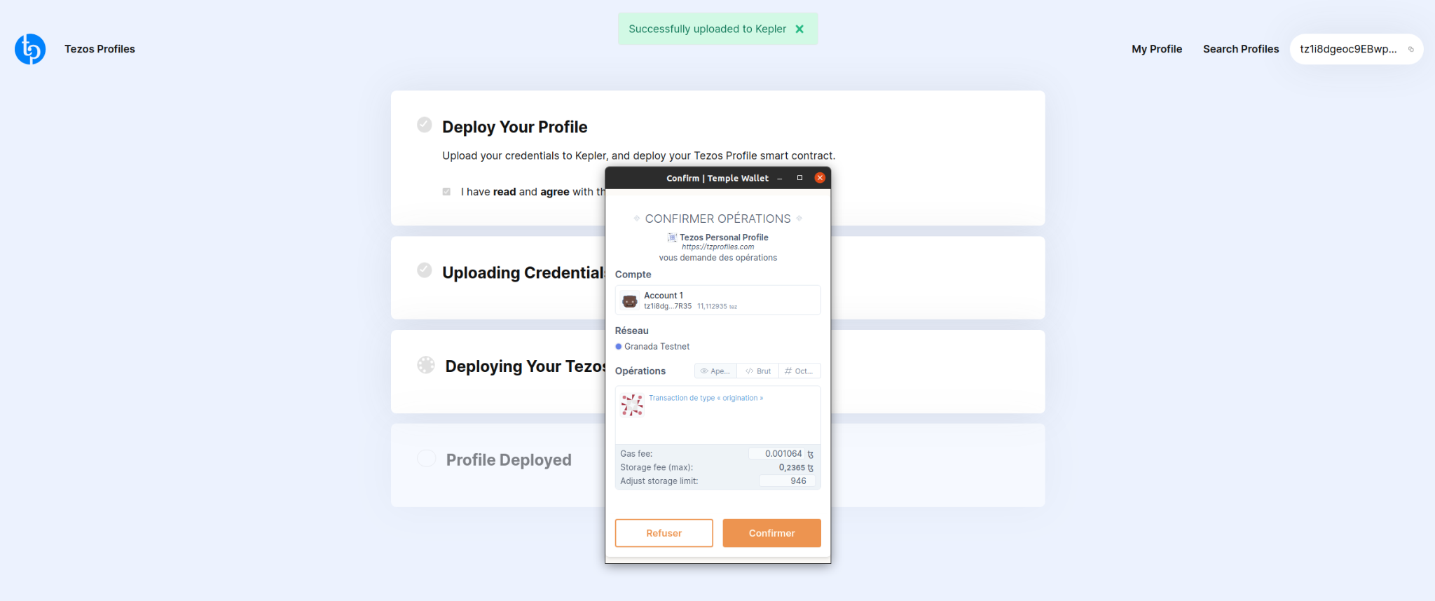 Tezos Profiles and Temple wallet, confirm the operation