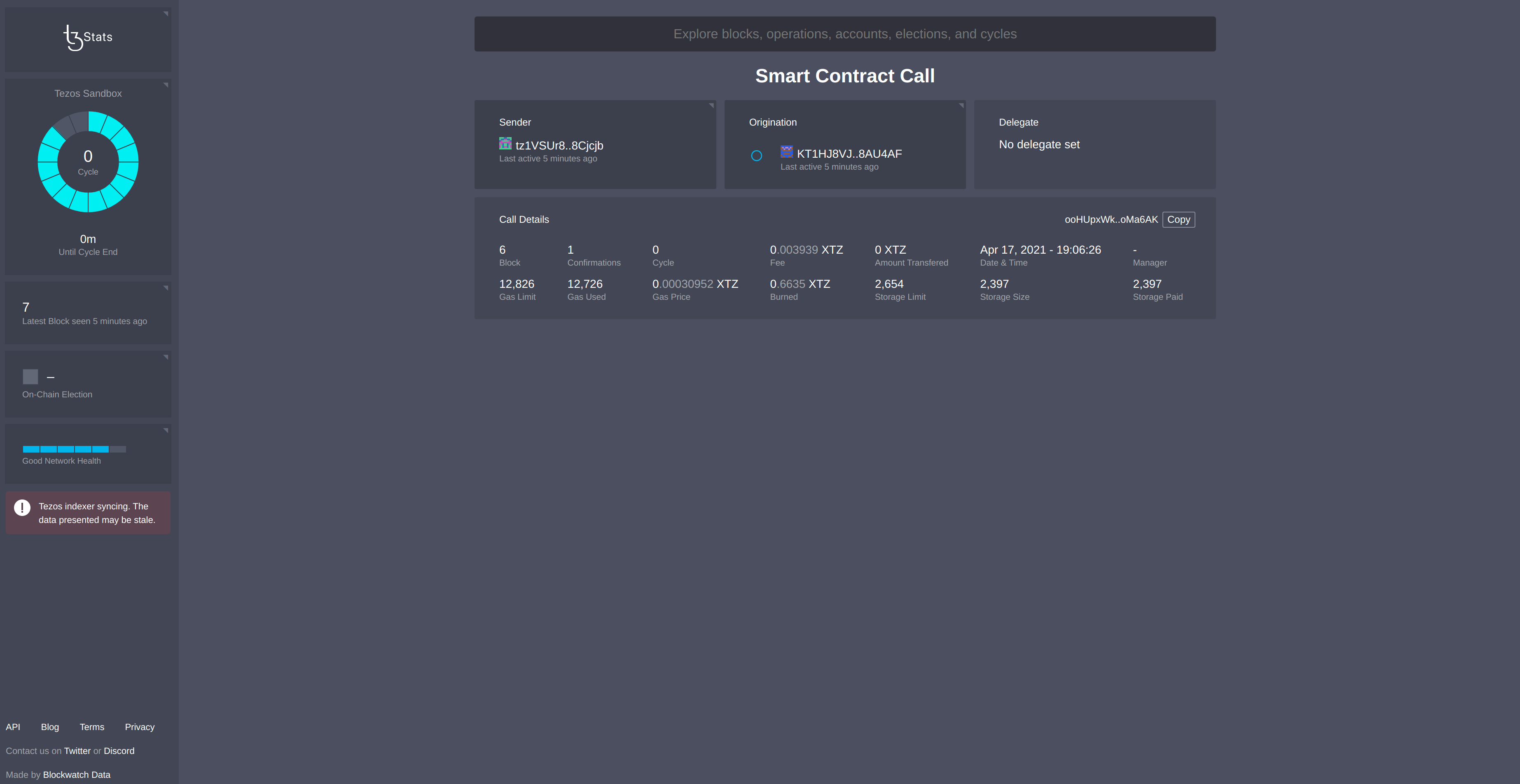 TsStats, webpage of a smart contract, list of contract calls